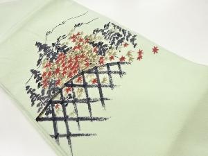 作家物　金彩手描き紅葉に松・光悦垣模様名古屋帯